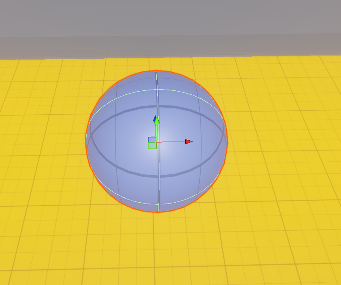A single untextured sphere sitting on a flat yellow grid plane in the Unity editor, with its transform gizmo visible