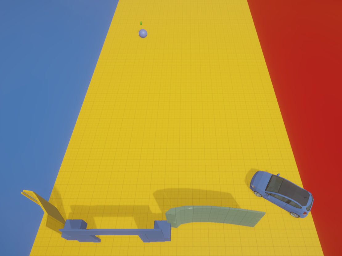 A top-down block-out with a three-lane coloured floor, a toy car, a ramp and simple placeholder blocks