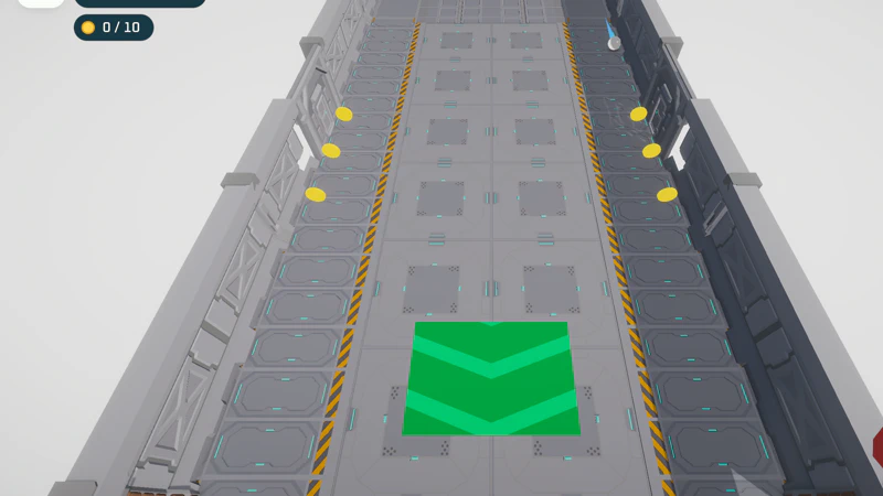 Chaplinko in play in the Lab: a grey sci-fi test track seen from above and behind, with a green speed arrow on the floor, coins along both walls, the clock plate reading 26.80 for The Lab, Level 5, a progress line across the top and the red horseshoe magnet icon in the bottom corner