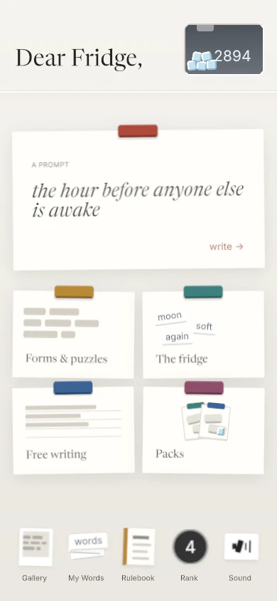 The Dear Fridge, home screen at phone size: an off-white fridge door with a prompt card reading 'the hour before anyone else is awake', four smaller cards for Forms & puzzles, The fridge, Free writing and Packs, and a row of magnets along the bottom edge