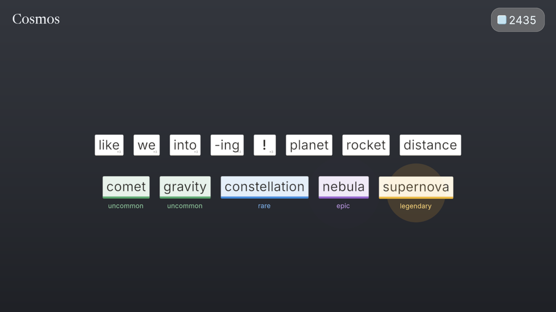 A Cosmos pack opened on a dark background: common magnets (like, we, into, -ing, an exclamation mark, planet, rocket, distance) in a row, and below them comet and gravity marked uncommon, constellation rare, nebula epic and supernova legendary, with a warm glow behind supernova