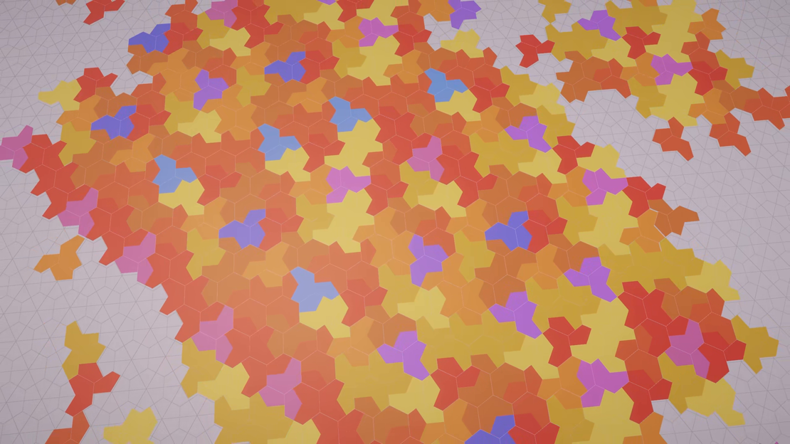 A hexagonal plane tiled with the aperiodic 'hat' monotile, each tile orientation shown in a different colour, spreading outward as the generator fills the grid