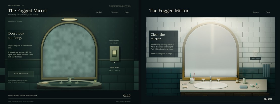 Before and after: on the left a flat dark-green cartoon bathroom with a pixelated fogged mirror and a column of instructions; on the right the tiled bathroom with the arched brass mirror