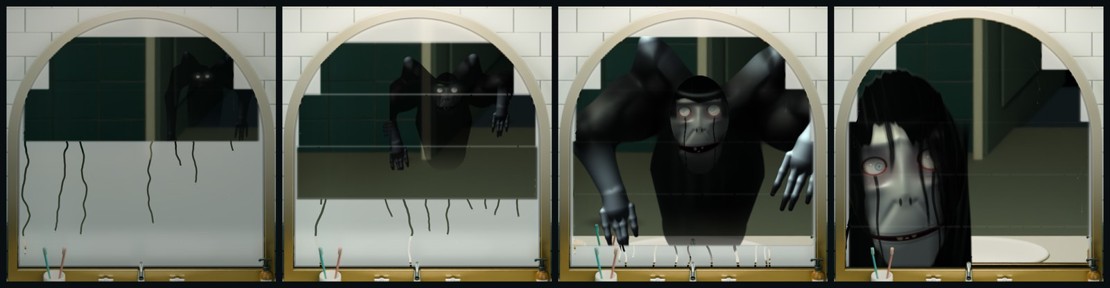 Four frames from the mirror: eyes in the doorway, a figure coming round the door, crawling right behind you, and a pale face with black wet hair at your shoulder