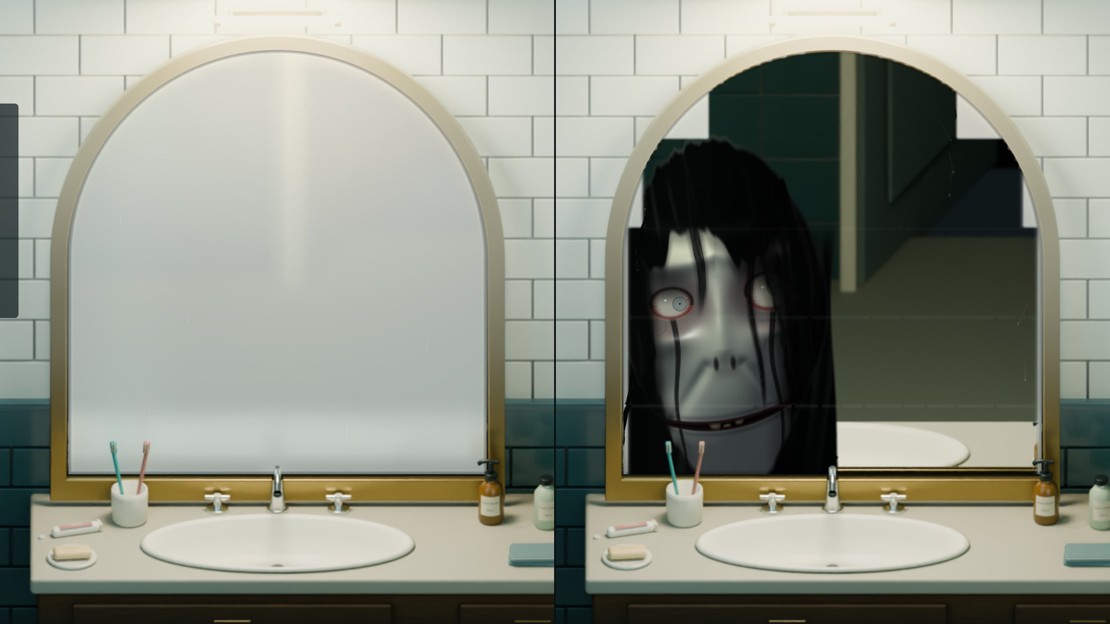 Split view of the same arched bathroom mirror: on the left fully steamed over; on the right wiped in bands, with a pale drowned face with black wet hair leaning in at one shoulder