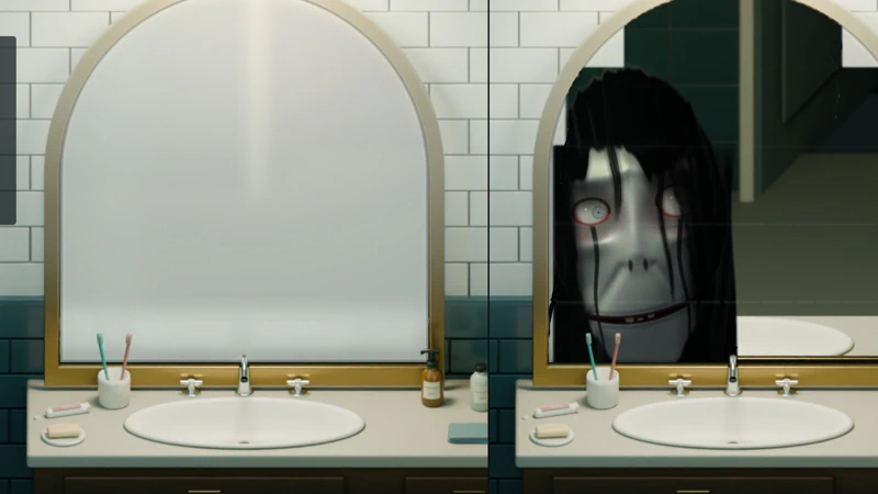 Split view of the same arched bathroom mirror: on the left fully steamed over; on the right wiped in bands, with a pale drowned face with black wet hair leaning in at one shoulder