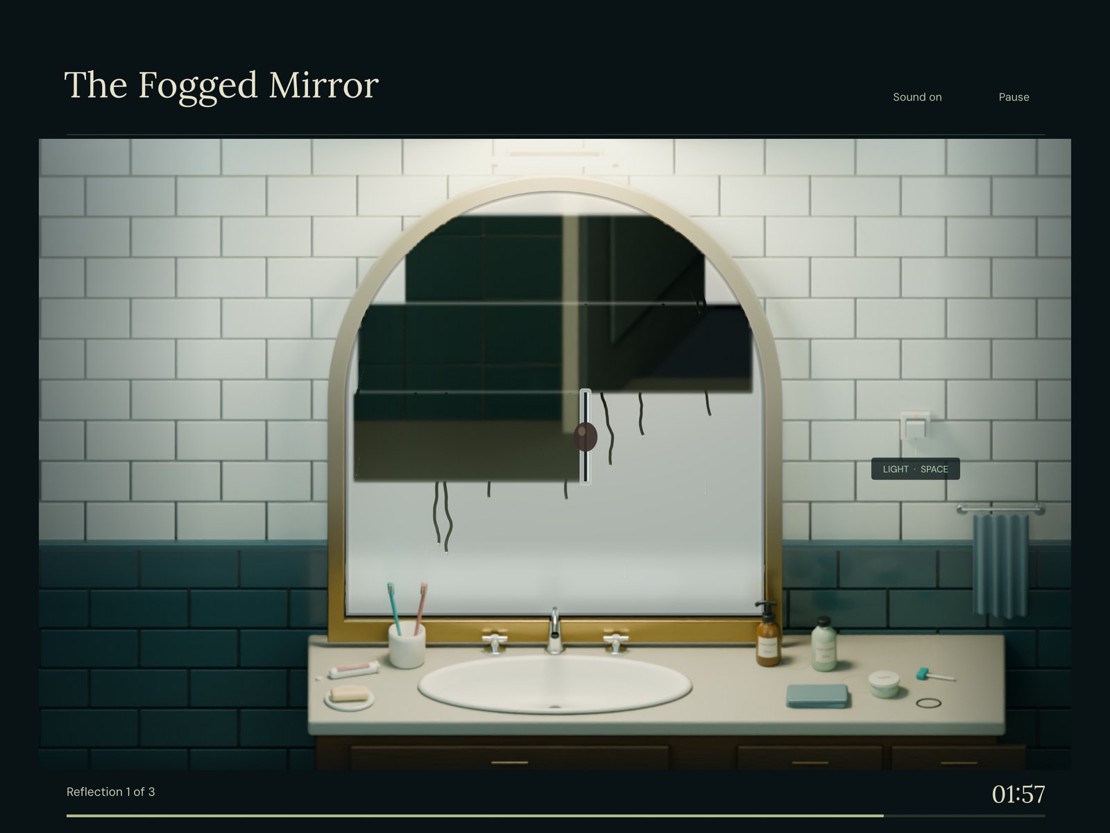 The arched bathroom mirror mid-wipe: two clear bands showing a dark doorway behind you, drips running down from the lower edge