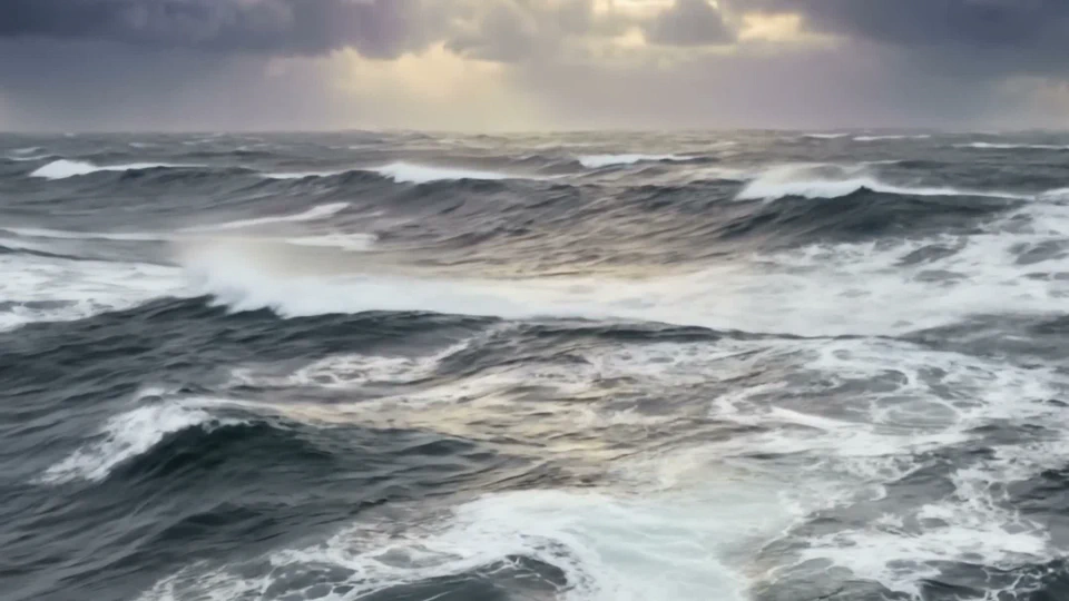 A small canopied orange life raft dwarfed by storm-tossed waves, under a dark sky with a single shaft of sunlight breaking through the clouds