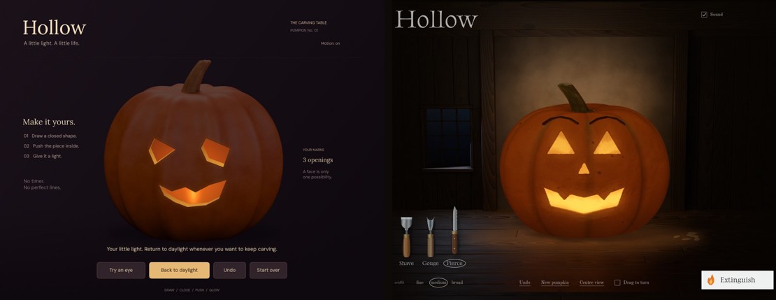 Before and after: on the left the first prototype, a carved pumpkin on a flat purple background with a lot of text around it; on the right the current version in the cottage, candlelit, with the tools on the table
