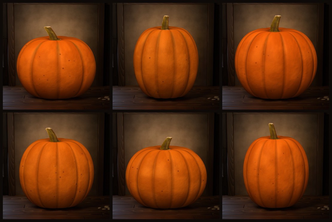 Six different uncarved pumpkins in a grid, each with its own shape, ribbing and stalk