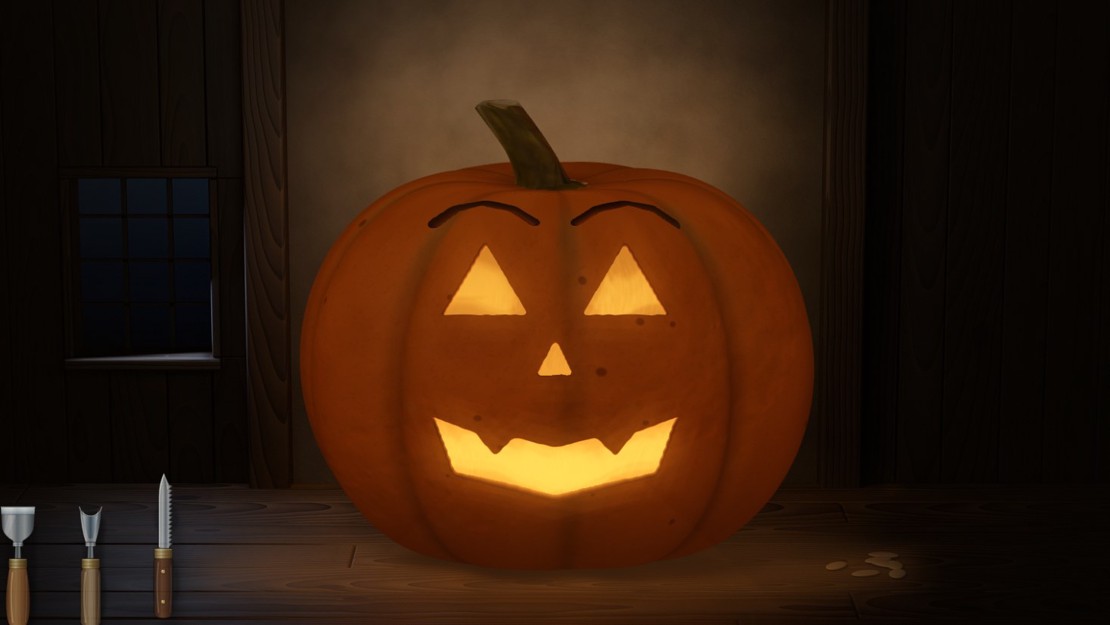 A jack-o'-lantern with triangle eyes and a jagged grin, lit from inside by a tea light, on an oak table in a dark timbered cottage, with the shaving blade, gouge and saw lying on the table to the left