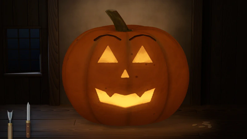 A jack-o'-lantern with triangle eyes and a jagged grin, lit from inside by a tea light, on an oak table in a dark timbered cottage, with the shaving blade, gouge and saw lying on the table to the left