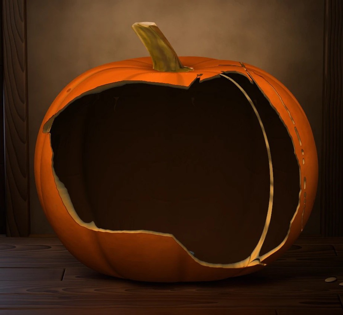 A pumpkin with a huge ragged hole in its side, the edges of the hole drawn as thick walls hanging in mid-air