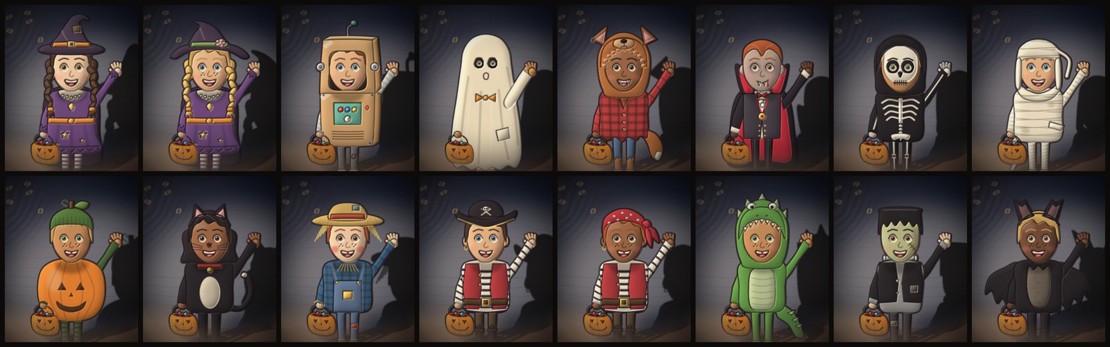 Sixteen children in costume in two rows, each lit and waving: witches, a robot, a ghost, a werewolf, a vampire, a skeleton, a mummy, a pumpkin, a cat, a scarecrow, pirates, a dinosaur, Frankenstein&rsquo;s monster and a bat