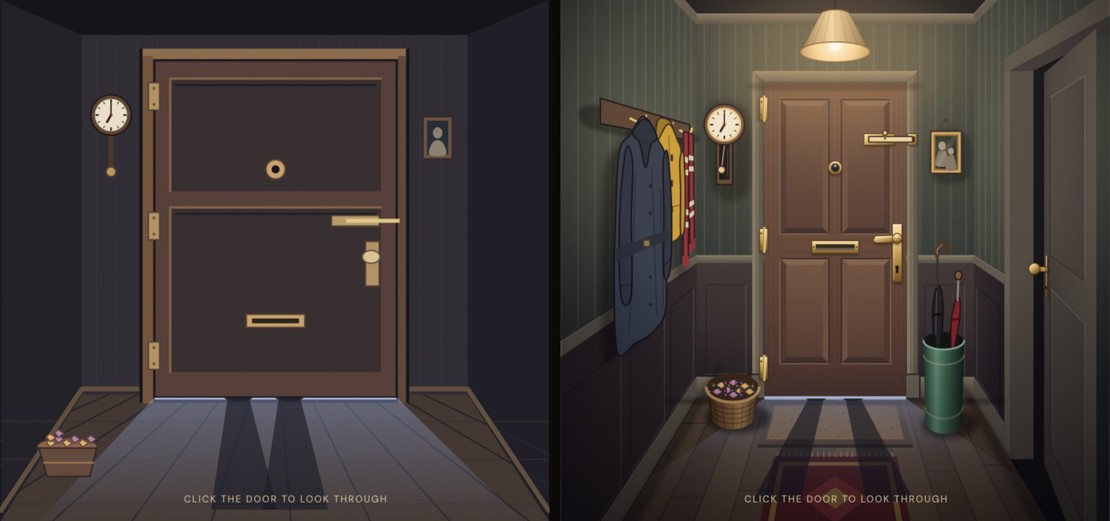 Before and after: on the left a flat dark hallway with a squat, wide door; on the right a hallway in proper perspective with wallpaper, a lamp, coats on hooks, a clock and an umbrella stand