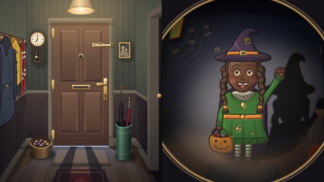 Split view: on the left a lamp-lit hallway with a panelled front door, coats on hooks and an umbrella stand; on the right the same visitor seen through the fisheye peephole, a child in a witch costume waving under the porch light