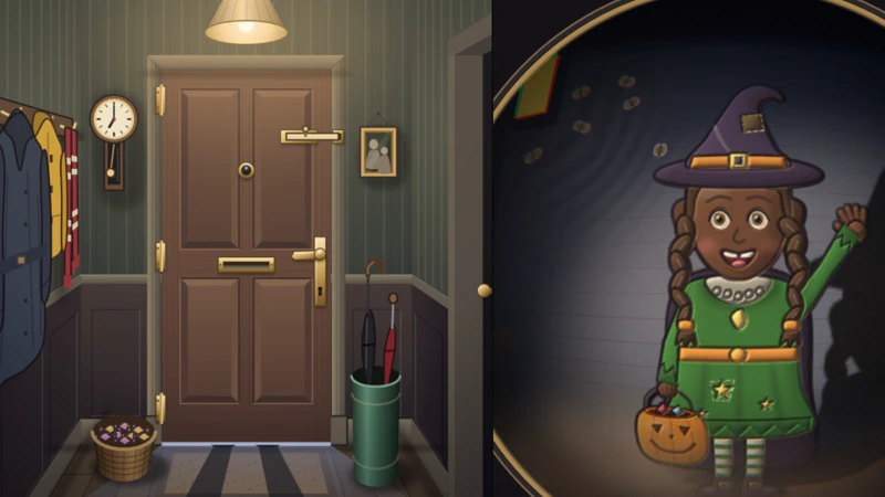 Split view: on the left a lamp-lit hallway with a panelled front door, coats on hooks and an umbrella stand; on the right the same visitor seen through the fisheye peephole, a child in a witch costume waving under the porch light