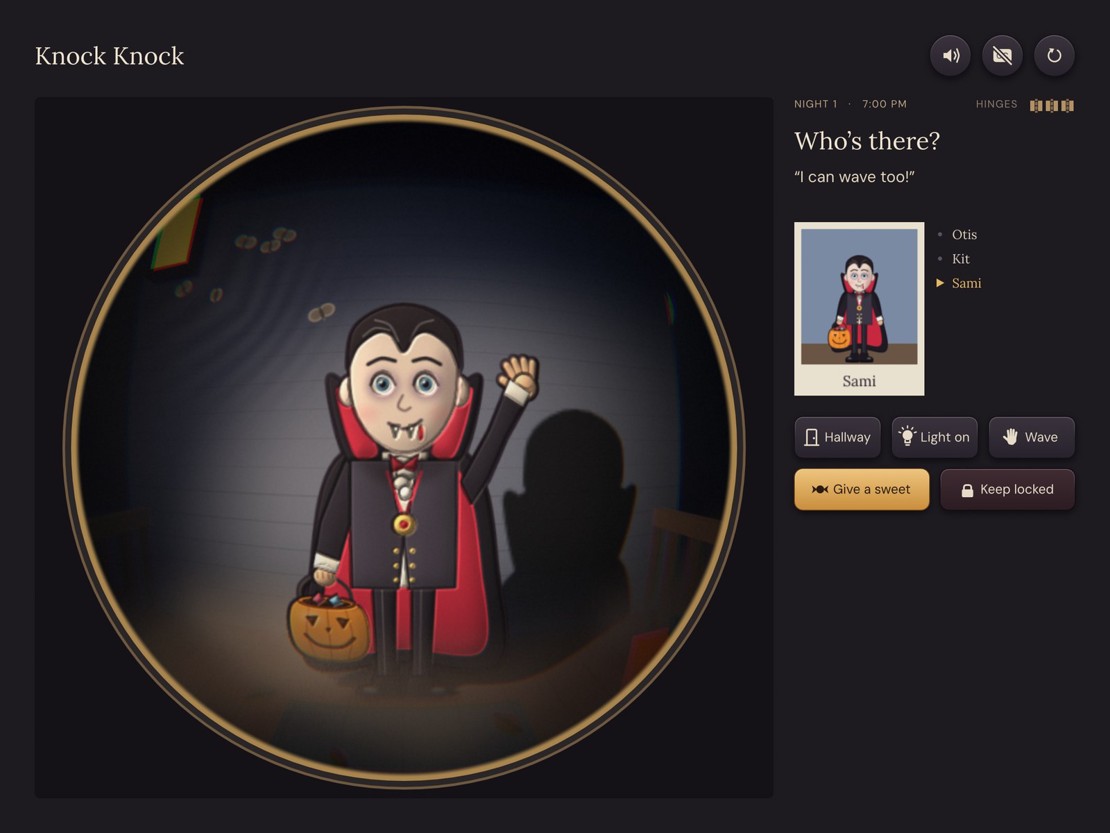 The fisheye peephole view of a child in a vampire costume waving, while their shadow on the wall keeps its arm down