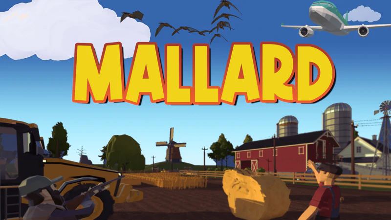 A stylised low-poly farm at golden hour, with a windmill, barns and silos, a plane overhead, and a flock of ducks flying past a hand-drawn MALLARD title card
