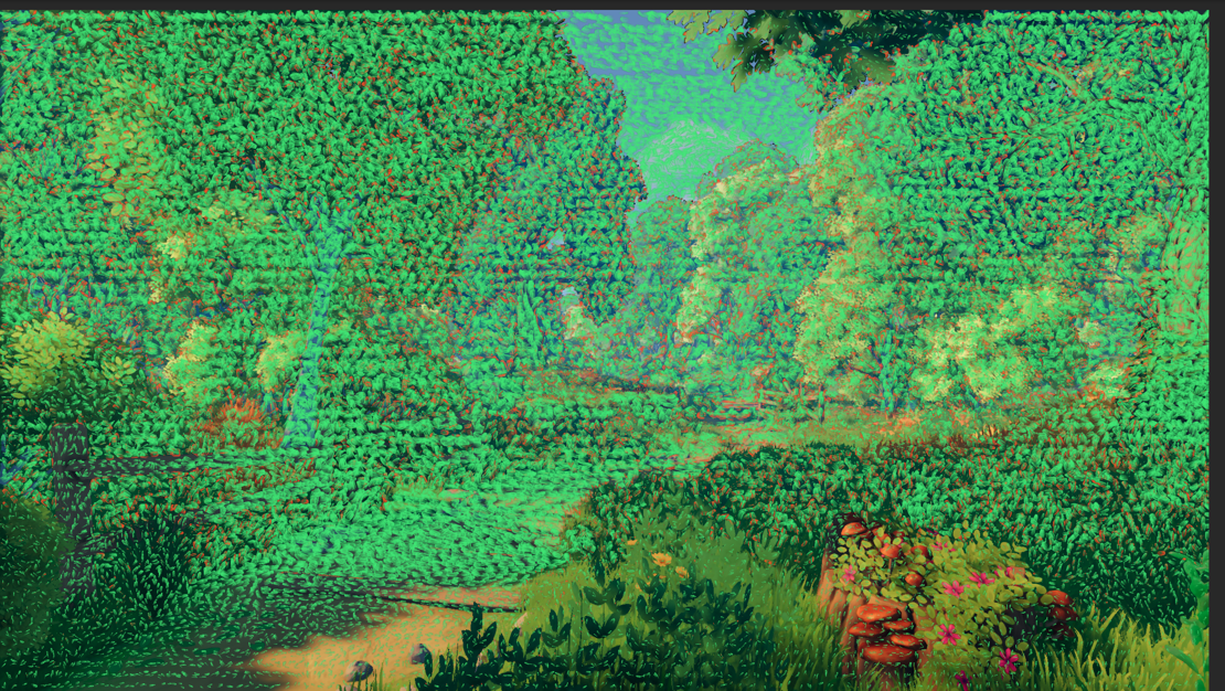 A forest path rendered with blocky, jittering brush strokes that break up into pixelated artifacts instead of smooth paint