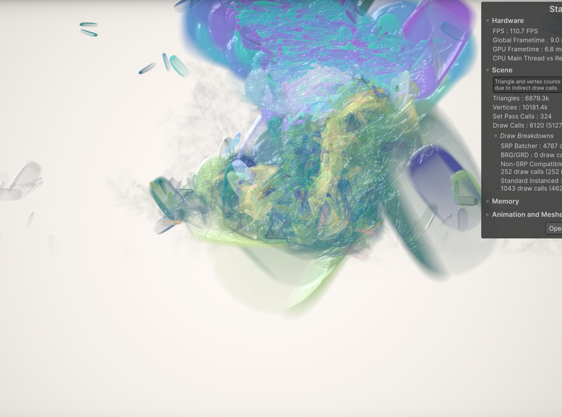 A frame where the brush strokes have overgrown into a shapeless tangle of blue, green and purple, with a performance stats overlay visible in the corner