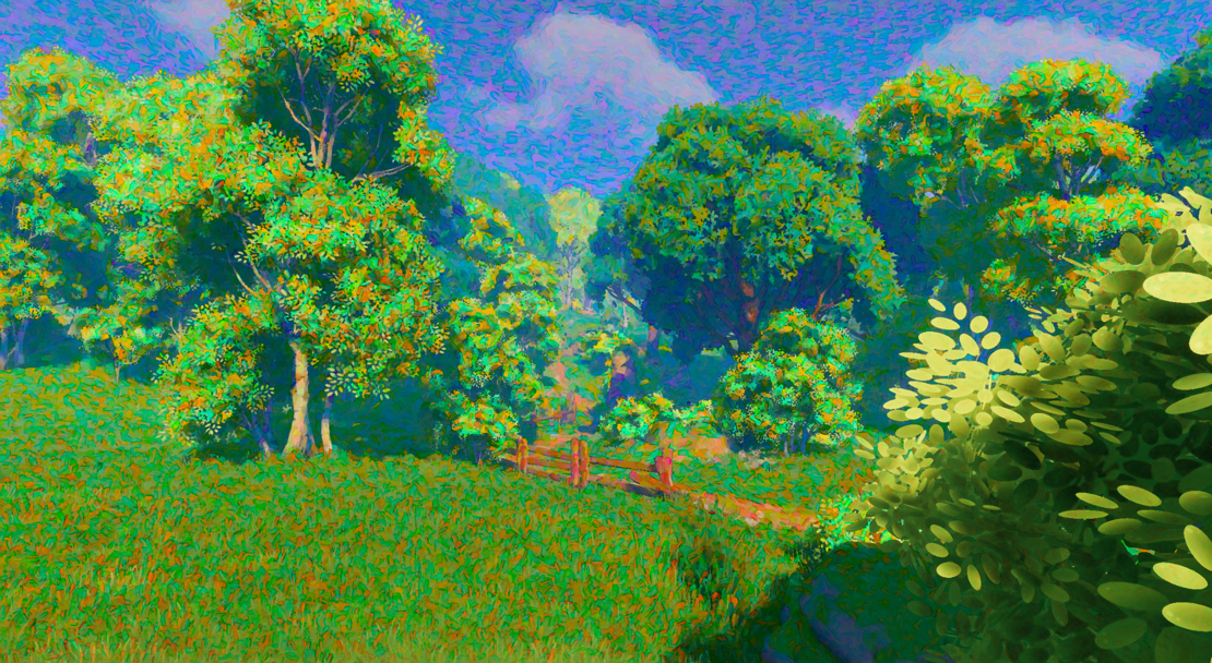 A sunlit meadow and wooden fence at a tree line, repainted with the same edge-following oil brush strokes