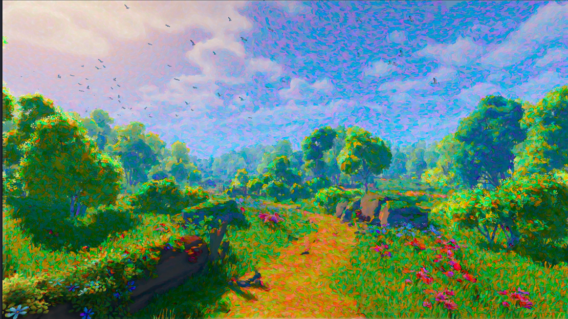 A woodland path repainted as layered impressionist brush strokes, with birds scattered across a dappled pink-and-blue sky