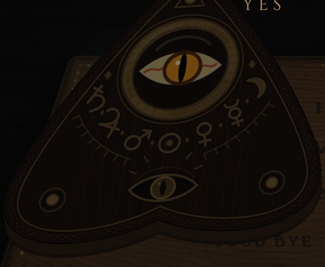 A close-up of the planchette in dark carved wood, a ring of brass planetary signs around its lens and an amber slit-pupilled eye looking out of it