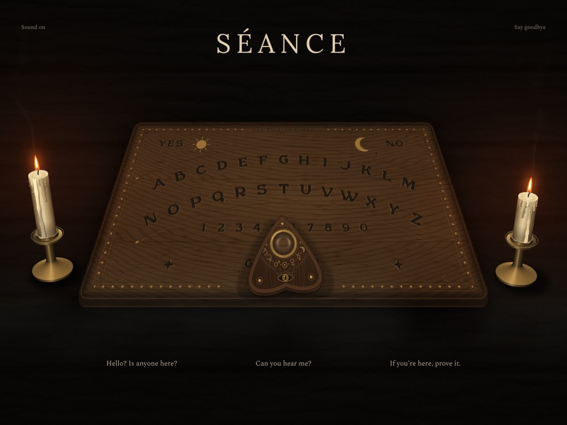 A wooden talking board in perspective between two lit candles in brass holders, the alphabet carved in two arcs and a dark carved planchette with a brass-rimmed lens resting near the bottom, under the title Séance, with three questions to ask beneath it