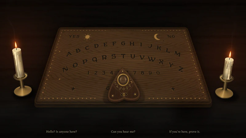 A wooden talking board in perspective between two lit candles in brass holders, the alphabet carved in two arcs and a dark carved planchette with a brass-rimmed lens resting near the bottom, under the title Séance, with three questions to ask beneath it