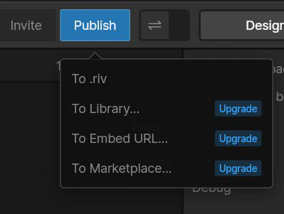 The Rive Editor’s Publish menu, with Upgrade buttons next to To Library, To Embed URL and To Marketplace
