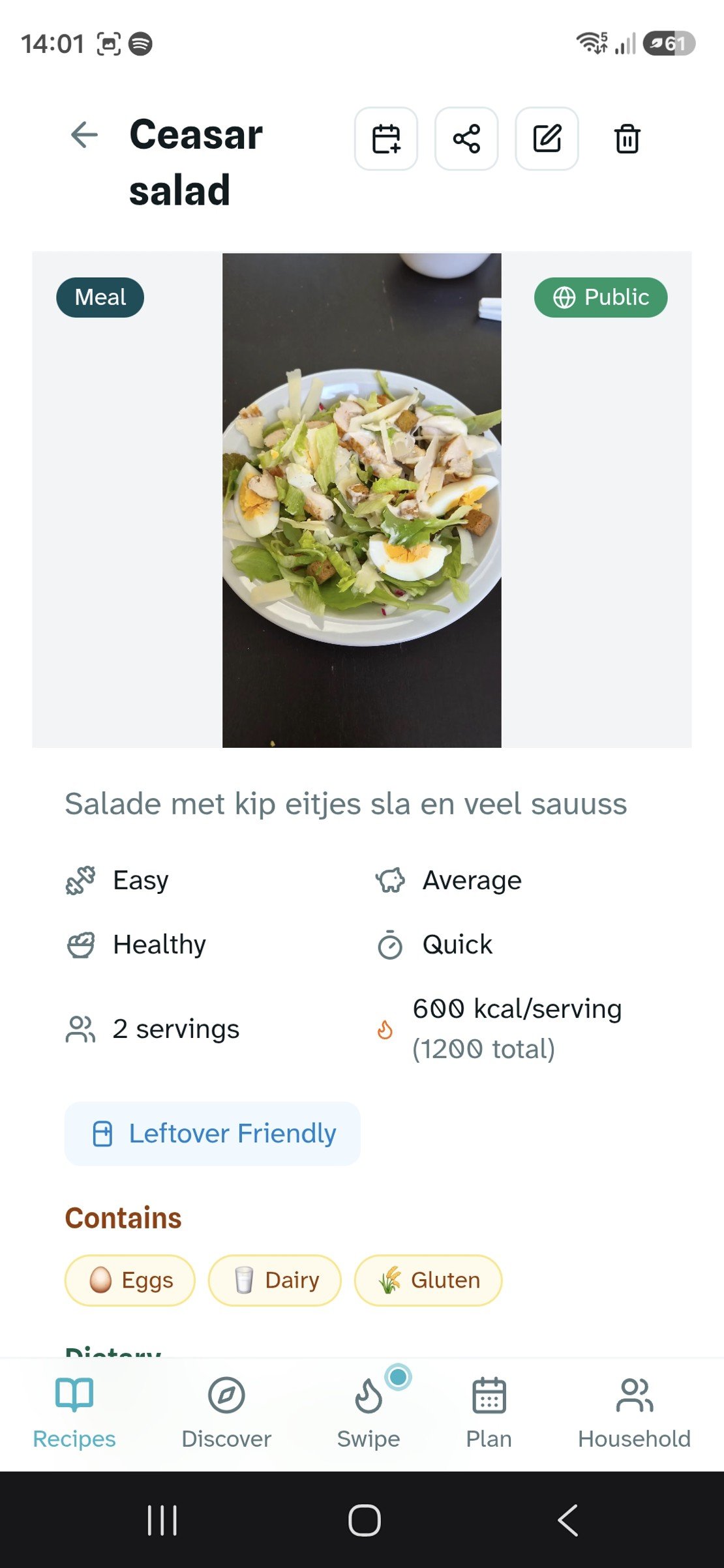 A recipe detail screen for a Caesar salad, showing servings, calories, difficulty and allergen tags