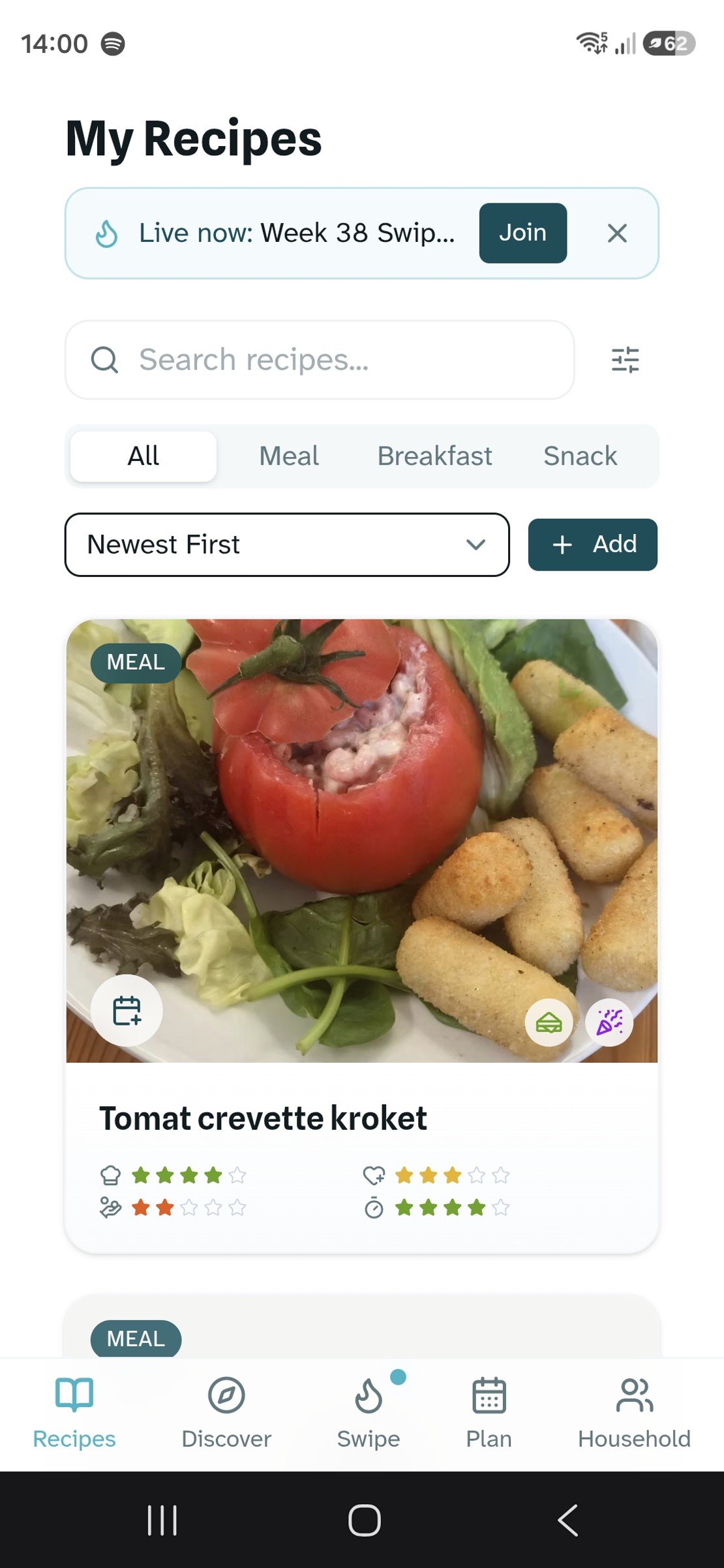 The Spijs & Vree recipe list screen, with search, category filters and a live swipe session banner