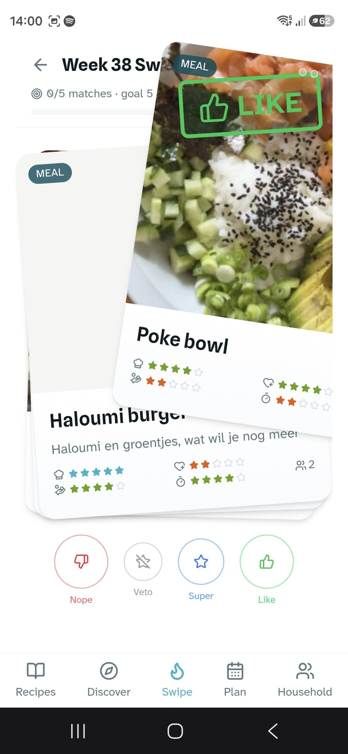 The swipe screen showing a poke bowl recipe card mid-swipe with a green LIKE stamp, and Nope, Veto, Super and Like buttons
