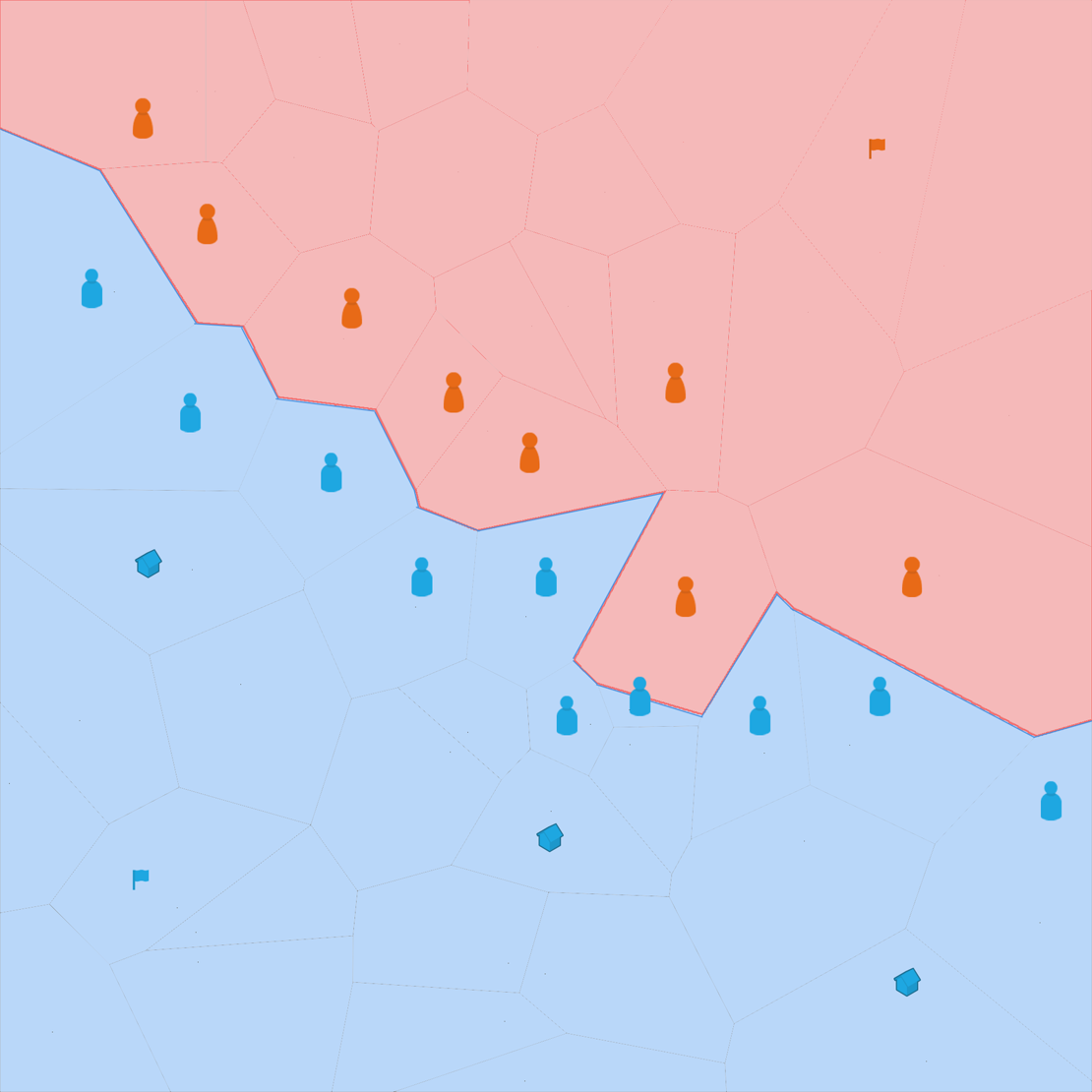 Early 2D concept mock-up with blue and orange pawns on a map of irregular cells