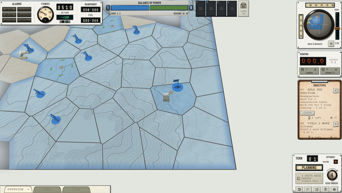 WarDesk in-game: a topographic map split into irregular territories, blue toy-soldier units with planned-move arrows, framed by a war-room instrument panel