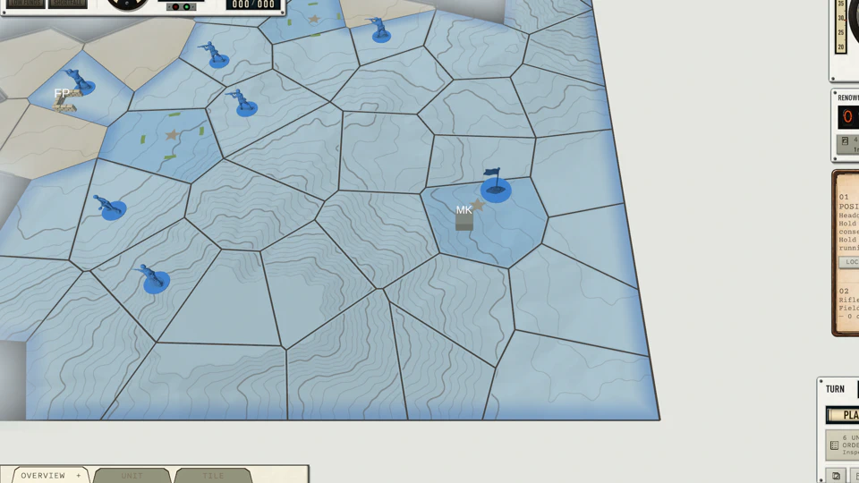 WarDesk in-game: a topographic map split into irregular territories, blue toy-soldier units with planned-move arrows, framed by a war-room instrument panel