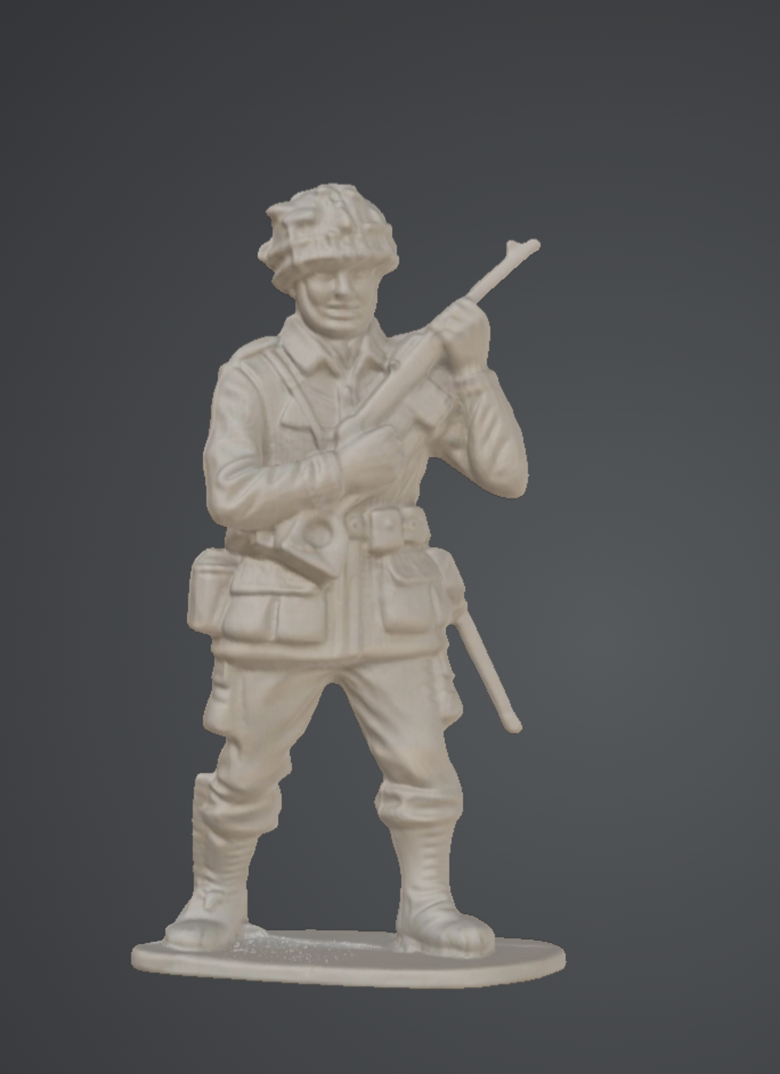 A clean, textured 3D scan of a standing toy soldier with a rifle on his shoulder, on a neutral grey background