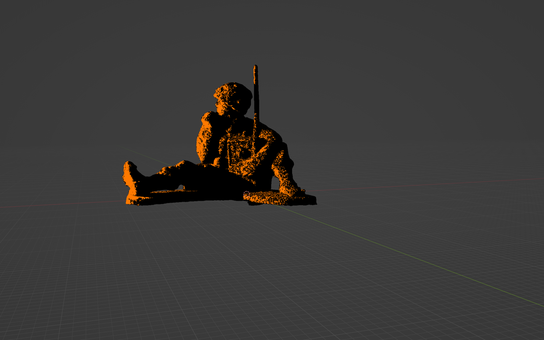 A noisy, incomplete orange point-cloud scan of a toy soldier, barely resembling a figure