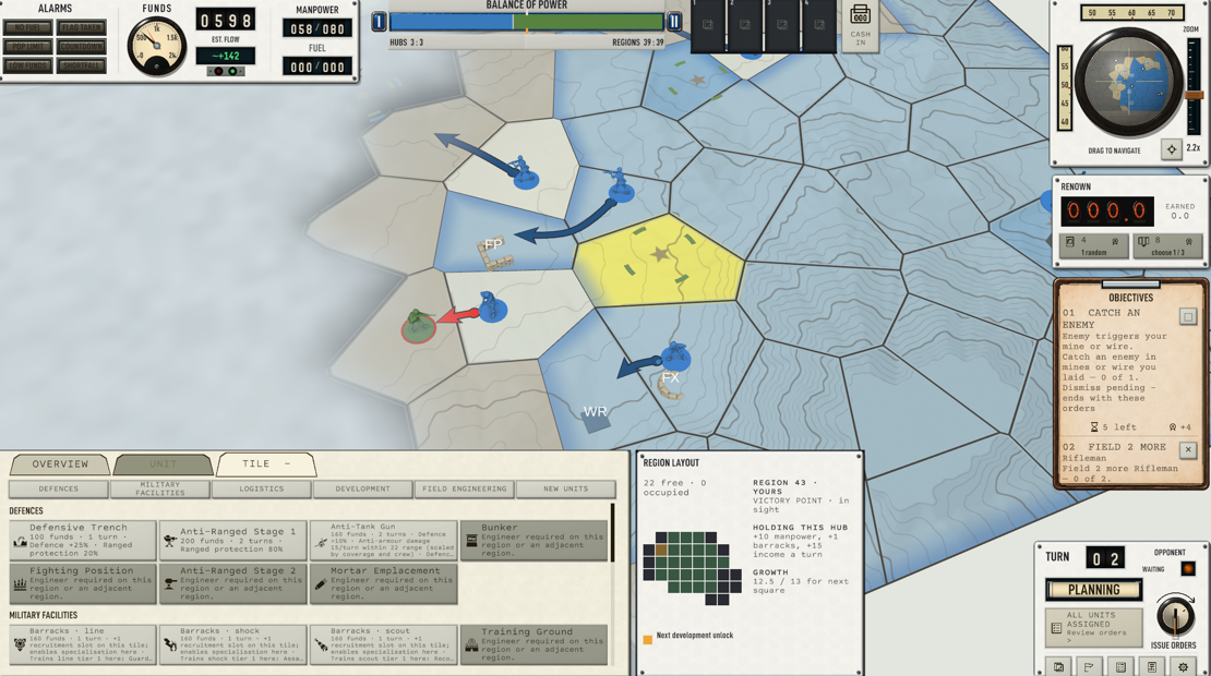 Zoomed-in WarDesk view with order arrows converging on a spotted enemy, and the Tile panel open showing a region's layout, defences and military facilities